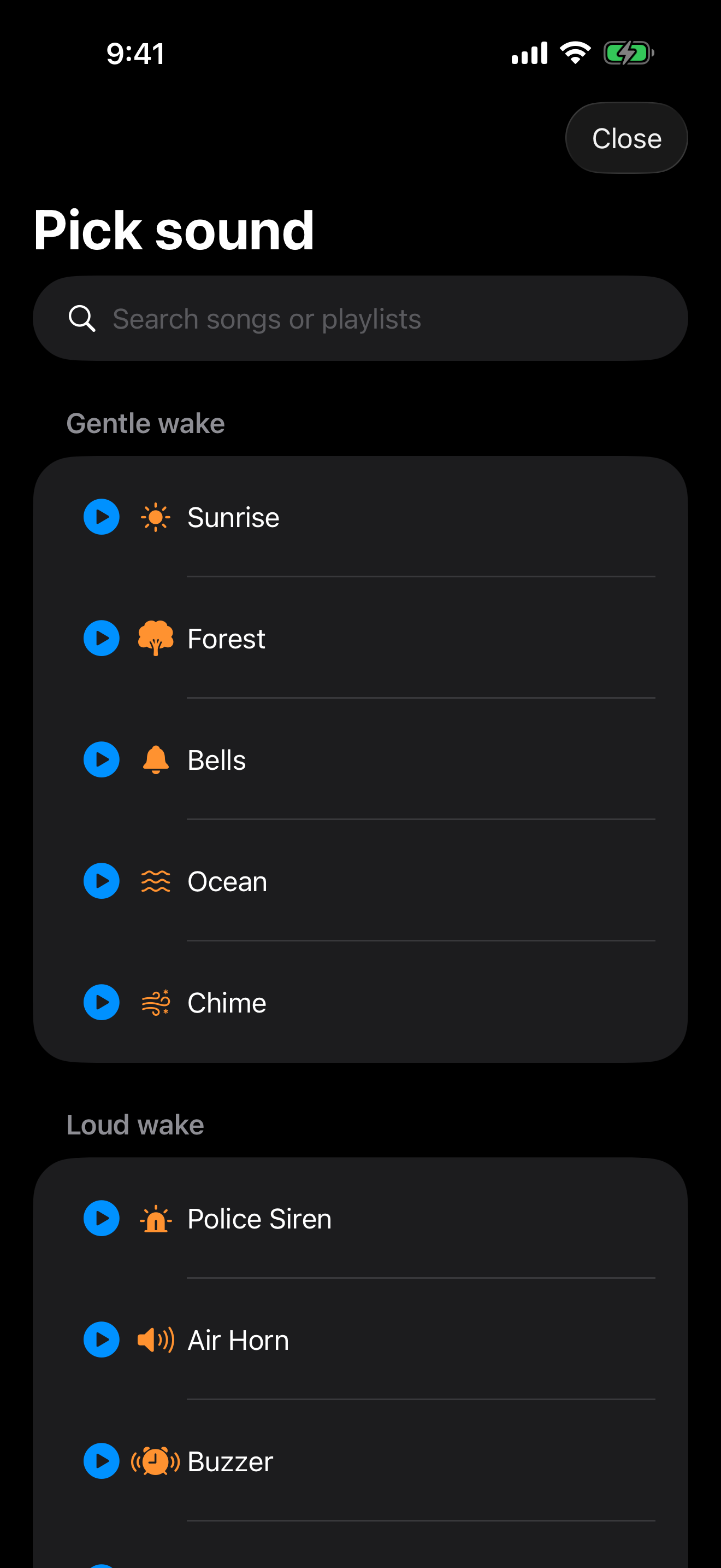 Pick from Spotify, Apple Music, internet radio, AI wake mixes, or 12 loud built-in tones. Preview anything before you commit.